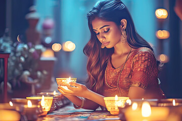 Indian woman lighting up candles at Diwali festival. Diwali festival greeting postcard
