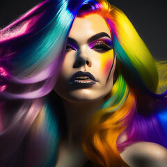 Fototapeta premium woman with luxurious colorful bright hair on a dark background