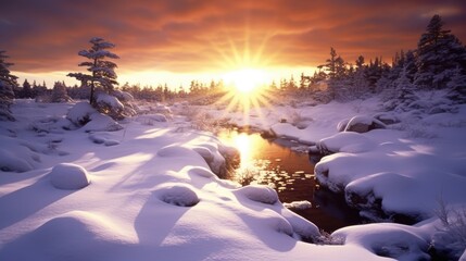 Twilight beauty of the winter sunset on the snowy horizon