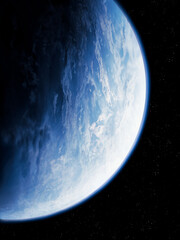 Close Up of the Earth, view from space. Clouds in the atmosphere of our planet. Astrophotography of the surface of a blue planet.