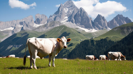 Fototapeta na wymiar Harmony with Nature, A Tranquil Scene of a Cow Grazing in an Alpine Meadow. Generative AI