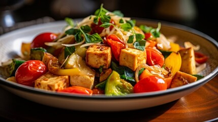 plate of ginger and garlic stir-fry with colorful vegetables and tofu