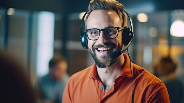 Contact us, mockup or happy consultant in a call center helping, talking or networking online in office. Generative AI