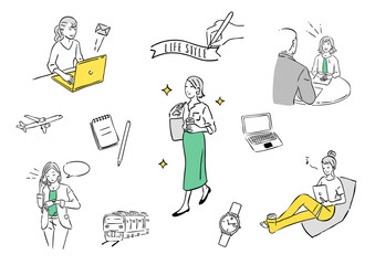 女性のライフスタイル　休日　スケジュール　シンプルな手書きの人物のイラストセット　線描きのビジネスパーソン