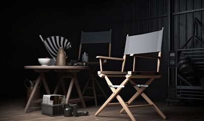 Movie set with director's chair and clapperboard in foreground Creating using generative AI tools