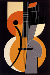 Acoustic guitar, Bauhaus style background, trendy 20s geometric design poster design, generative AI digital art.