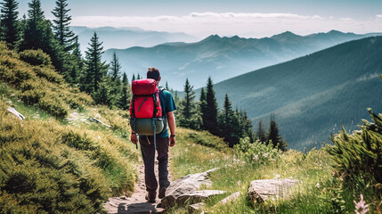 Fototapeta premium Hiking on a beautiful sunny summer day. Scenic panoramic landscape, Generative AI