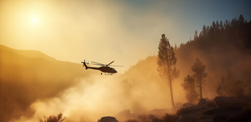 Fototapeta premium Helicopter drops water on wildfire in rugged terrain, backlit by a setting sun filtered through smoke. Generative AI
