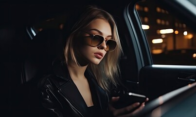 Obraz na płótnie Canvas A fashionable lady using a tablet in a luxury car. Creating using generative AI tools