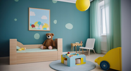 Children's room with bright color wall, interior details. Generative AI