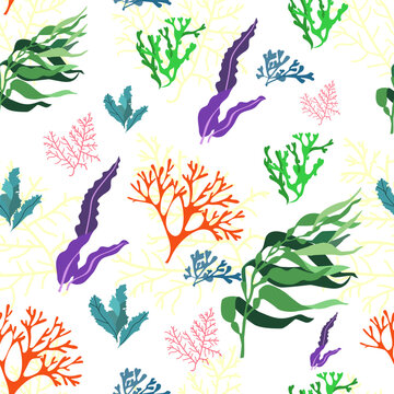 Seamless pattern, seaweed green leaves. Designs for textiles, wallpaper and prints. Minimalistic algae.