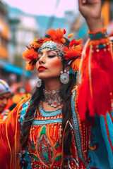 A woman in a colorful costume is holding her hand up. Generative AI. Fiesta de la Tirana in Tarapaca, Chile.