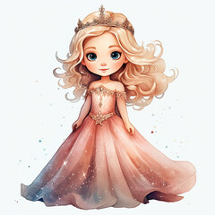 Cute cartoon little princess, illustration in watercolor style, isolated on white background. Generative AI