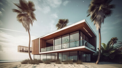 Beautiful modern house with textile facade at the beach with palm trees. Generative AI