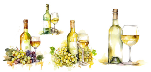 A set of watercolor wine glass and bottle, Winemaking products. transparent background Watercolor illustration