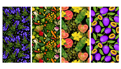 Vector collection of four bright summer seamless patterns. Aconites, vegetables, plums.