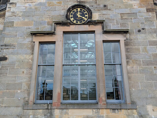 A close up view of the front window in the Corn Exchange building in Haddington, East Lothian, Scotland, UK. 