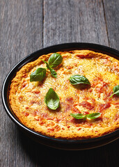 upside down pizza in baking dish, top view
