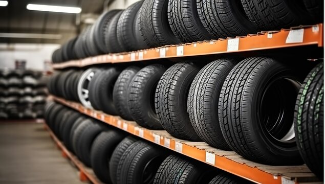 Stacks of car tires in automobile store. Generative AI