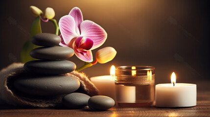 Obraz na płótnie Canvas Spa, beauty treatment and wellness background with massage stone, orchid flowers, towels and burning candles. Generative AI