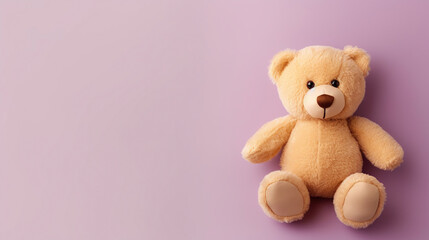 Cute teddy bear on light purple background, Space for text, Generative AI