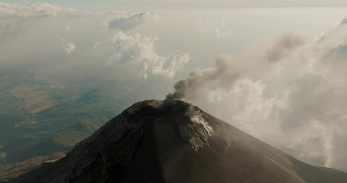 Volcan de Fuego During Eruption With Smoke And Dust In Guatemala - aerial drone shot