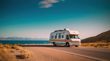 Road adventures on a campervan, an exotic kind of outdoor recreation. Generative AI