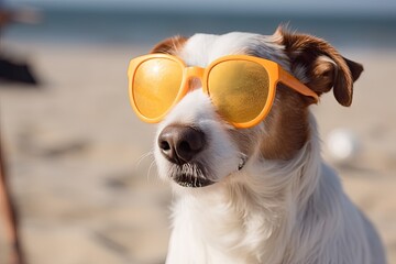 Funny dog with colorful glasses on the beach. Generative AI