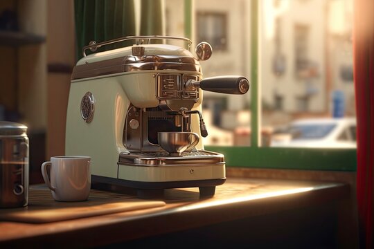 An old espresso machine stands on a table in the kitchen, next to a window through which the daylight streams. Generative Ai