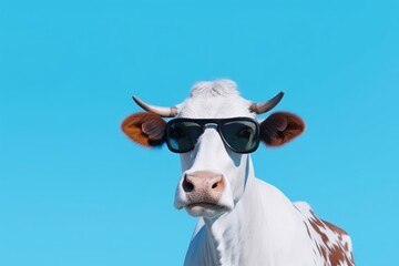 Sunglasses-clad cow against blue backdrop, surreal animal portrait. Generative AI