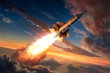 The illustration of a supersonic or hypersonic rocket launched from the ground goes through the sunset clouds, leaving behind flames and smoke in its wake. Generative Ai.  - obrazy, fototapety, plakaty