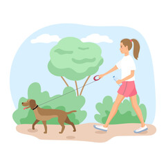 Obraz na płótnie Canvas woman walking her dog, brisk walking, healthy lifestyle