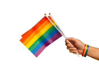 Rainbow flag and wristband in hand against a transparent background.