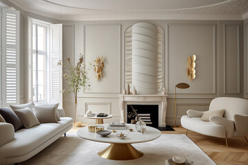 Living room area in beige colors with minimalistic decoration. Generative AI