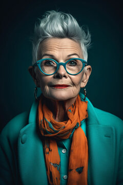 Portrait of a cool, stylish, charismatic elderly lady with fashionable glasses and trendy outfit. Funky hair style. 