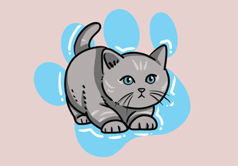Cute hand drawn grey cat, fluffy fur, and exaggerated features. Cute adorable big eyes kitty kitten cat