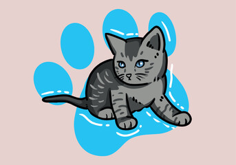 Cute hand drawn grey cat, fluffy fur, and exaggerated features. Cute adorable big eyes kitty kitten cat