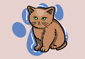 Cute hand drawn brown cat, fluffy fur, and exaggerated features. Cute adorable big eyes kitty kitten cat