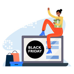 Young American lady sitting on laptop and holding gift, makes online purchases on Black Friday. Profitable shopping day concept. Colorful vector illustration in flat design