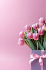 Fototapeta premium A bouquet of pink tulips in a purple gift box. Generative AI. Copy space, place for text.