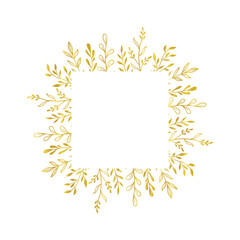 Fototapeta premium Gold floral square border. Vector golden floral leaf wreath border. Wedding square frame design. Hand drawn rustic flourish elegant rectangle frame. Vector illustration