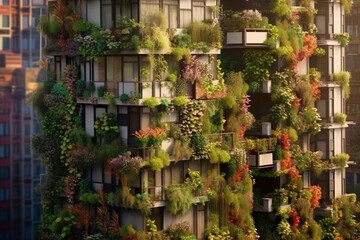 Scene showcasing a balcony garden with colorful flowers and hanging planters in an urban apartment. Generative AI