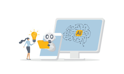 artificial intelligence, Ai Technology Concept. People working with smart brain computer and machine connecting device. Vector illustration