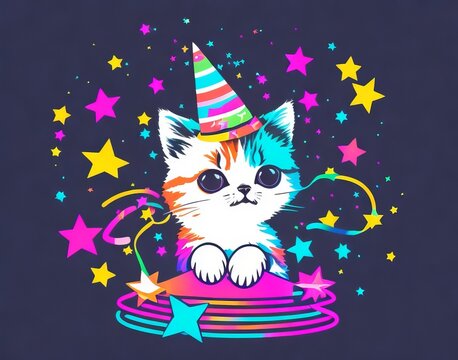 Get Playful with our Adorable Kitten T-Shirt Graphic, Featuring a Party Hat and Whimsical Starry Surroundings. Generative AI.