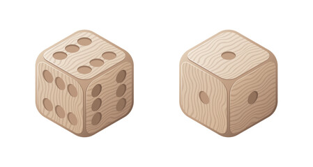 Lucky and unlucky game dices with wooden texture. 3D casino clipart. Isolated vector and PNG illustration on transparent background.