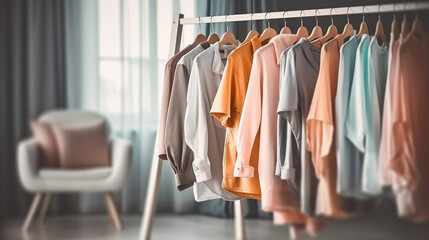 Collection of clothes hanging on rack in dressing room. Generative AI - obrazy, fototapety, plakaty