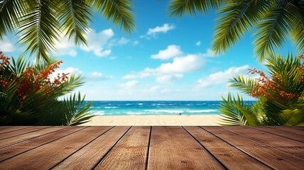 Summer tropical sea with waves, palm leaves and blue sky with clouds. Perfect vacation landscape with empty wooden table generative ai