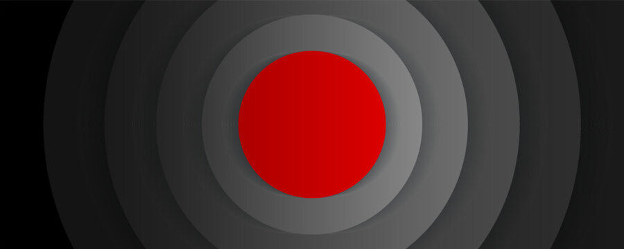 Concentric circles with shadows. Abstract dark background. Red in the center. Black circulars. Cut out paper. Vector graphic design