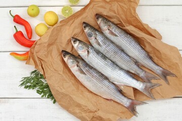 Mullet on paper, skull on the table,pelengas, Buri, Mugil cephalus, marine fish of the mullet family, fresh fish, healthy food, background image, background