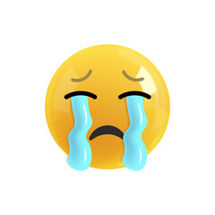Emoji face tears stream. Realistic 3d Icon. Render of yellow glossy color emoji in plastic cartoon style isolated on white background. PNG illustration